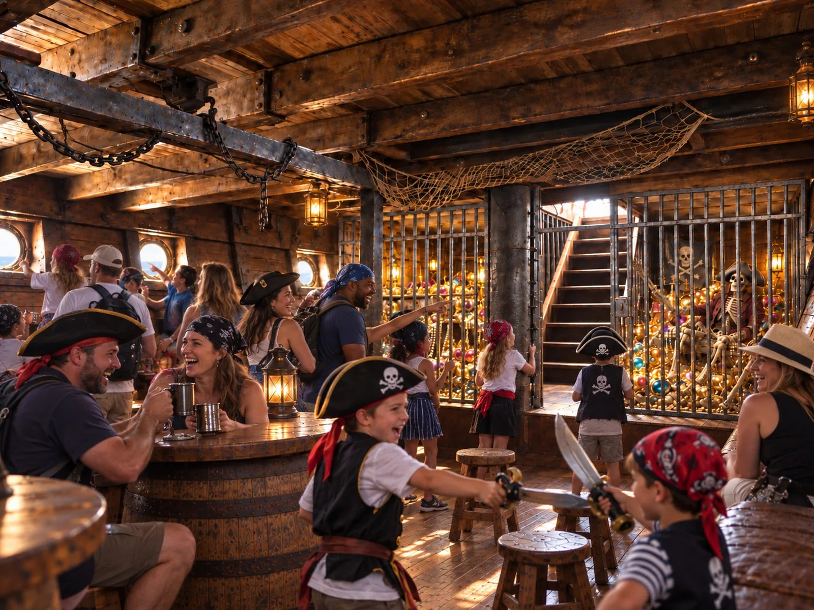 Families in pirate hats explore the lantern-lit hold, children play-fighting with toy cutlasses by the treasure cage