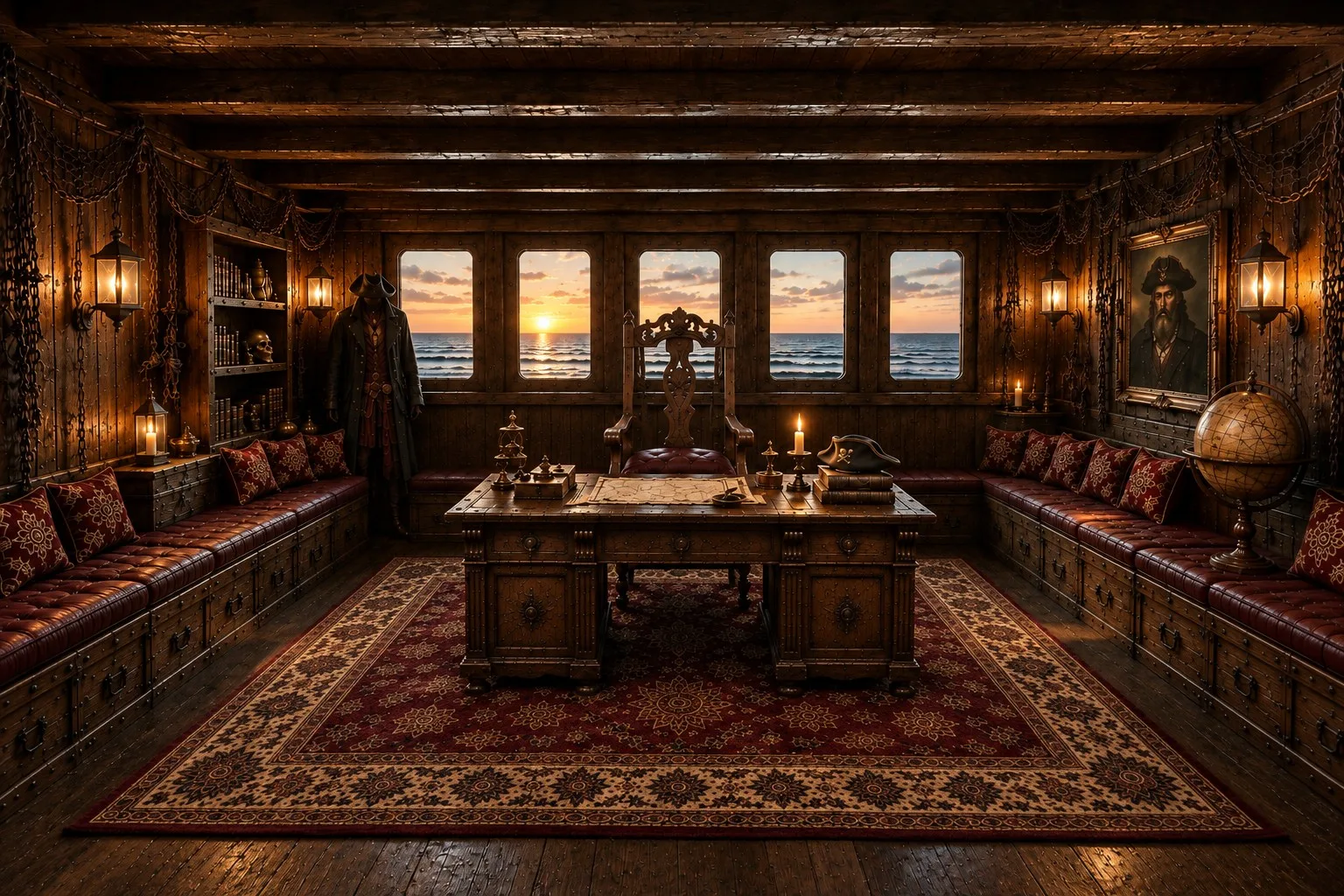 The captain's quarters: carved desk with charts, lantern light and sunset through the stern windows