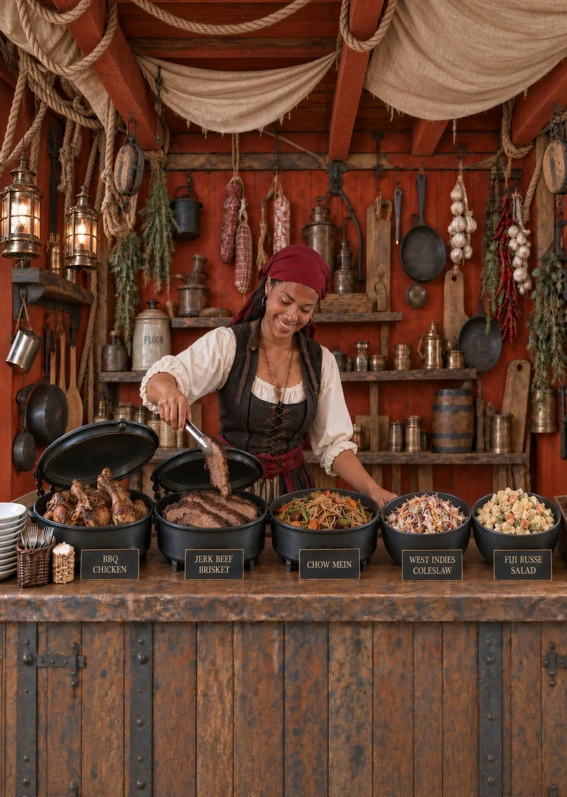 A smiling pirate crew member serves jerk beef brisket with tongs at the galley buffet, beside BBQ chicken, chow mein, West Indies coleslaw and Fiji Russe salad